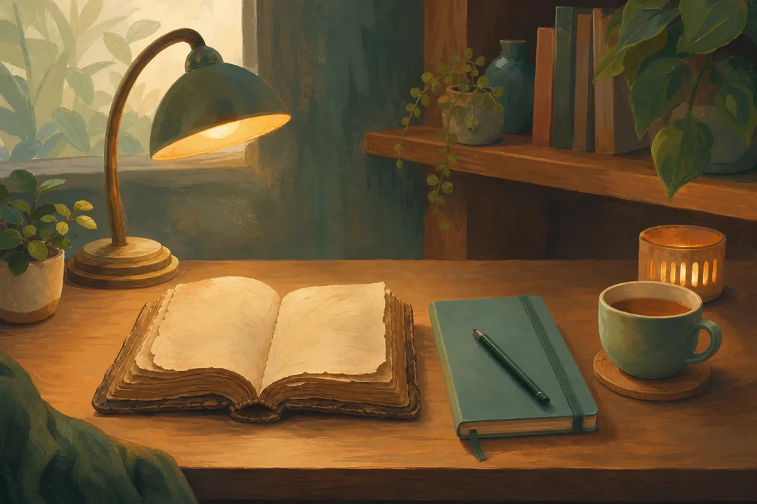 An old handbook open beside a modern notebook and a cup of tea on a desk