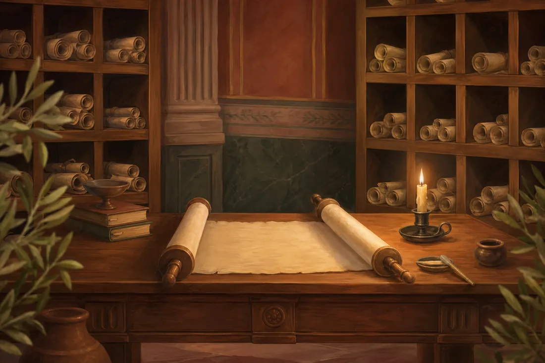 A Roman study lined with scrolls, lit by a single candle