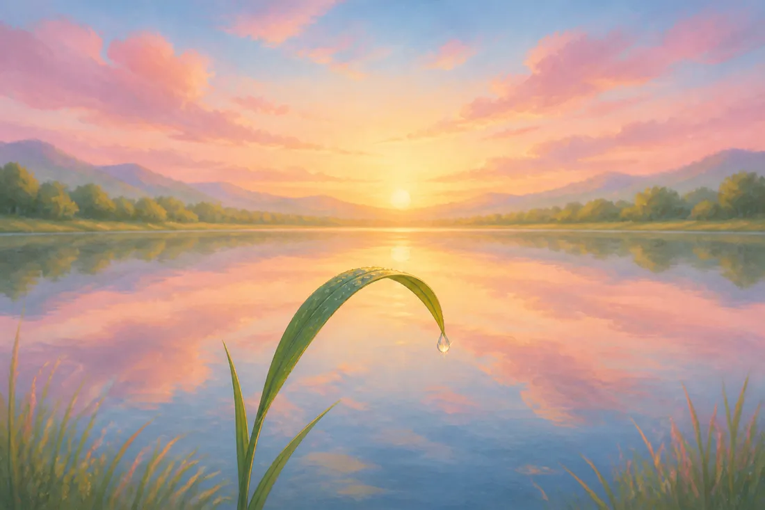 A still lake at dawn reflecting a soft gold sky, with a dewy reed in the foreground