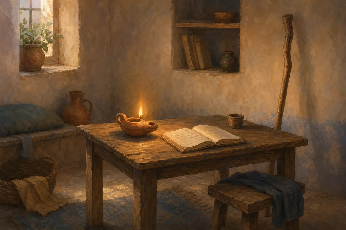 A humble room with a glowing clay oil lamp, a small handbook and a wooden walking staff