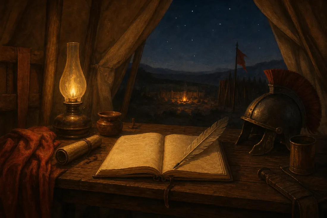 A lamplit writing desk at night with an open journal, at the edge of a Roman camp