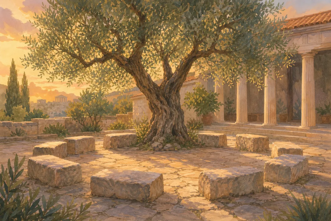 An old olive tree and a ring of worn stone seats in a sunlit Athenian courtyard