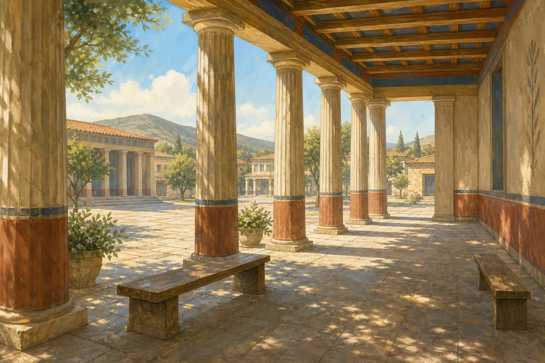A sunlit ancient Greek painted porch with stone columns and simple benches