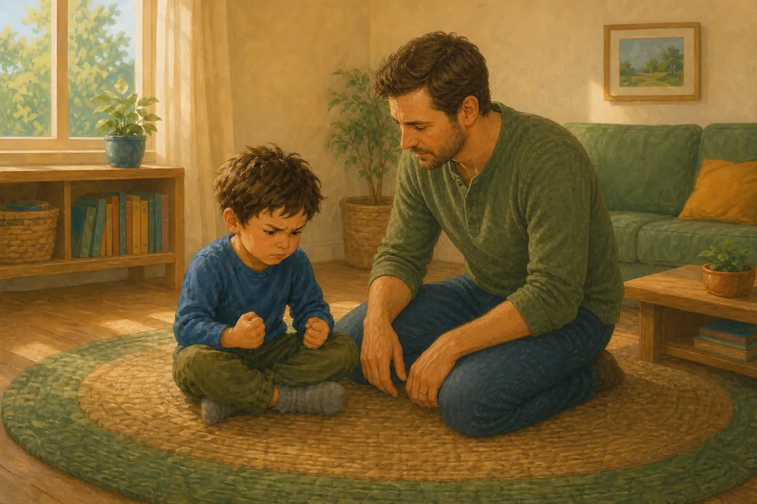 A young child in a moment of anger while a parent kneels calmly beside them, unhurried and steady