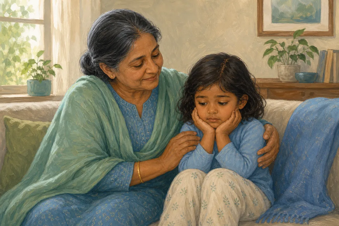 A child sitting with a big feeling while a caring grown-up sits close beside them, calm and patient