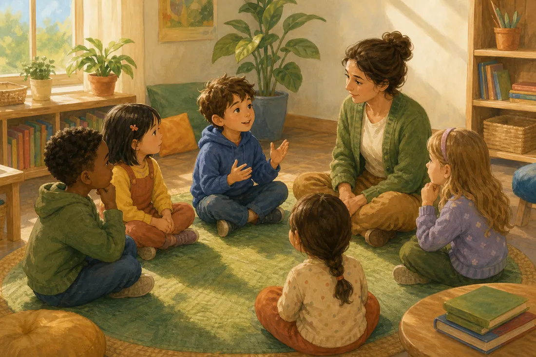 A small group of children sitting in a circle with their teacher, talking together