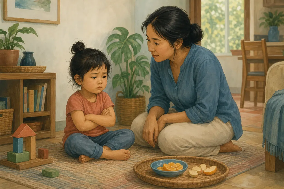 A child with arms crossed feeling something was unfair while a parent crouches beside them, listening calmly