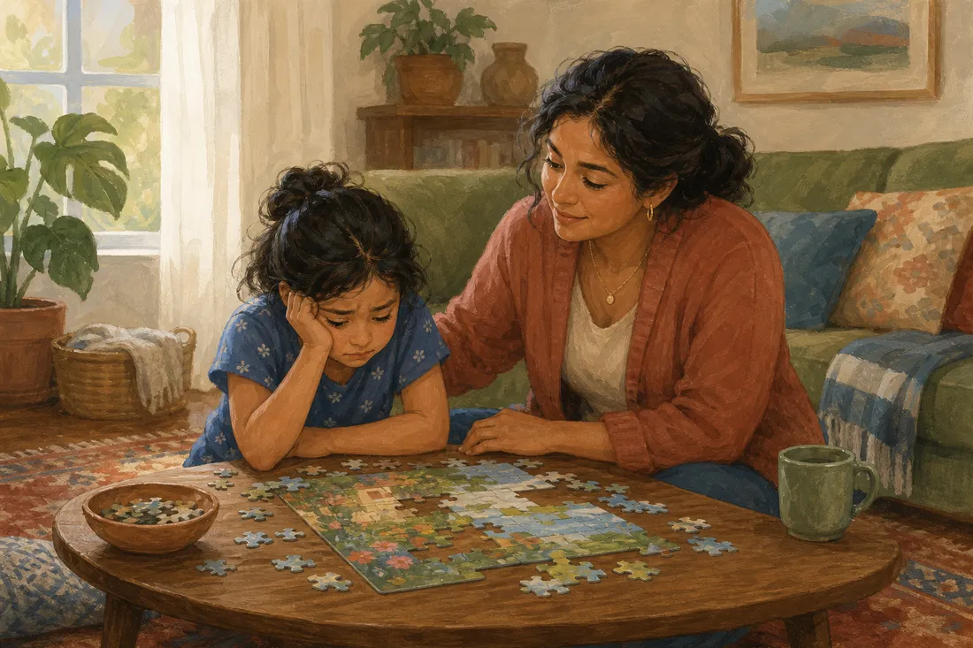 A mother sitting beside a child slumped over a hard puzzle, warm and encouraging without taking over