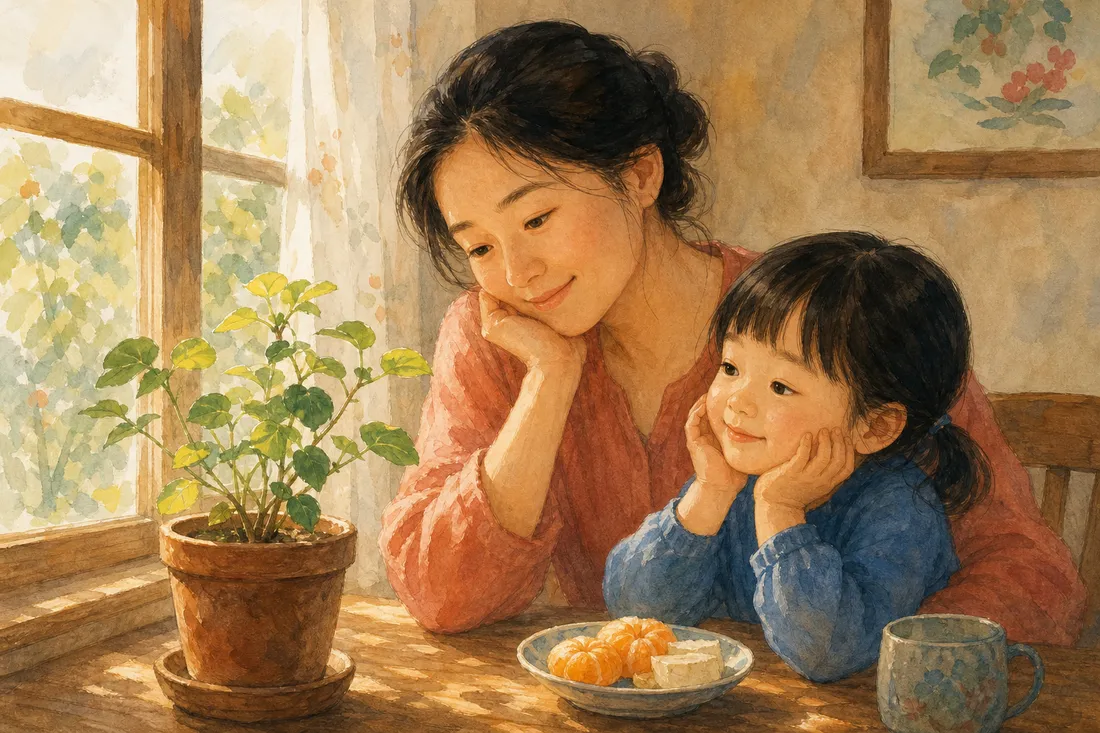 A mother and child pausing together in a garden to notice something simple and good, both content