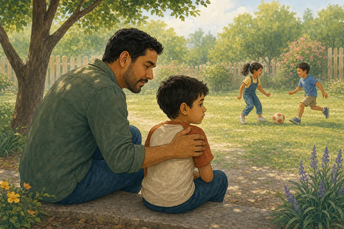 A father crouching beside a child who watches two other children playing together in the near distance, a gentle hand on the shoulder
