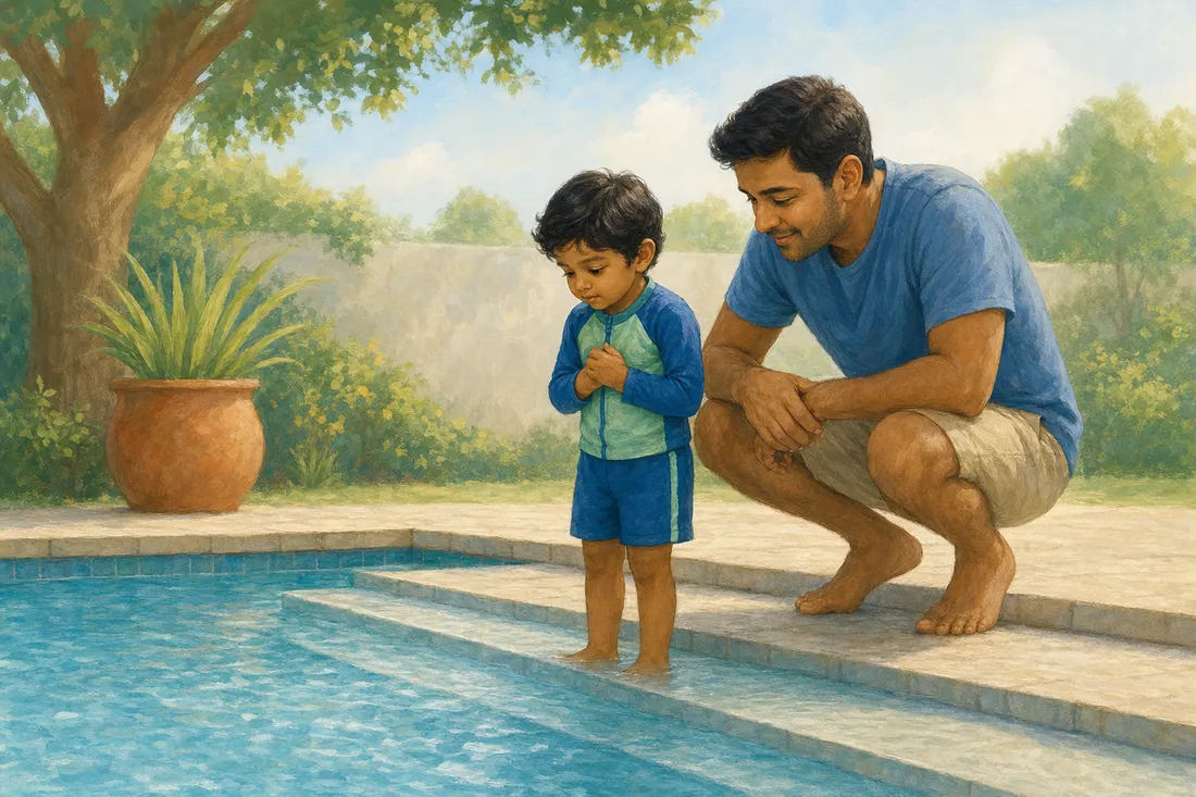 A father crouching beside a hesitant child at the edge of something new, warm and encouraging