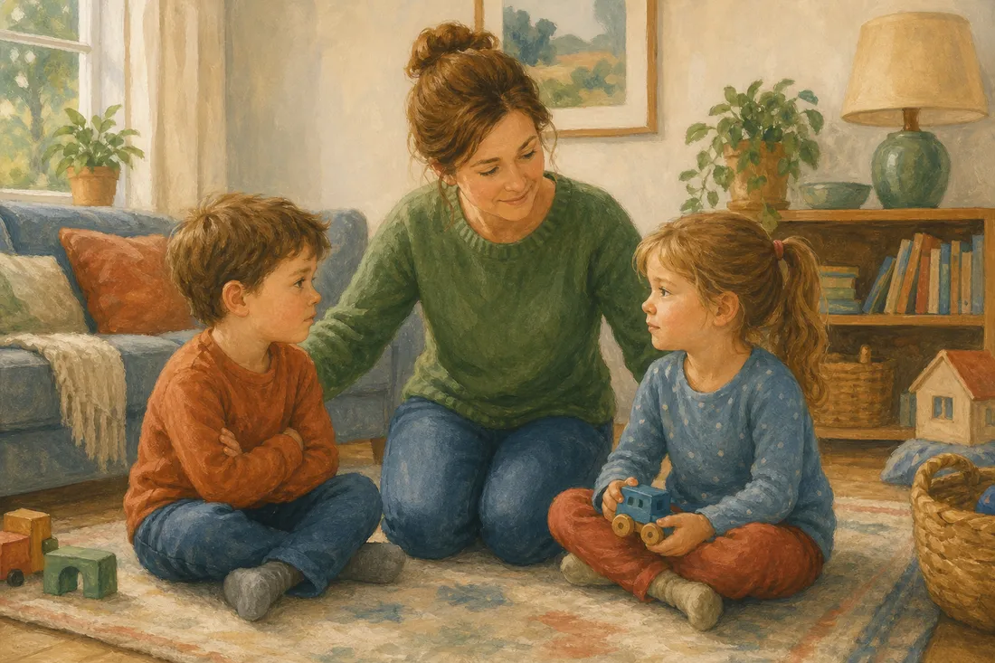 A mother kneeling calmly between two squabbling young siblings on a rug, warm and even-handed