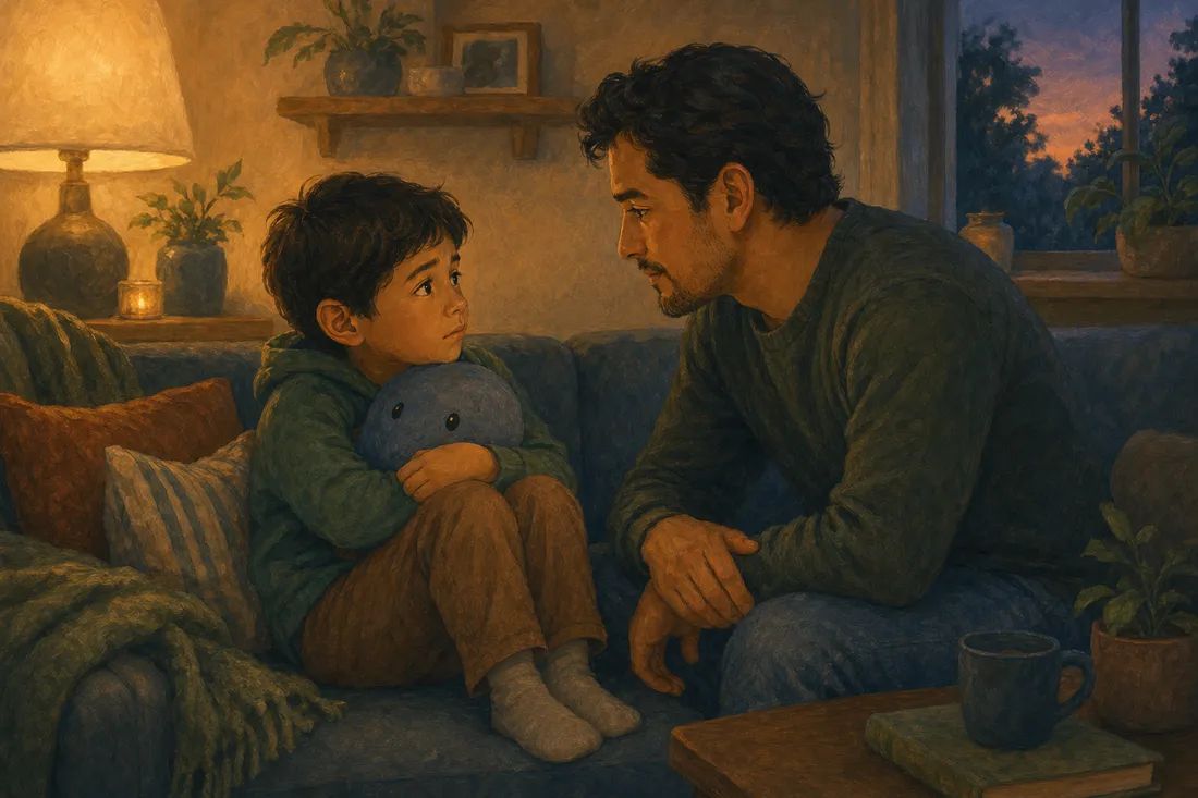 A worried child sitting with knees drawn up while a parent leans in close, listening
